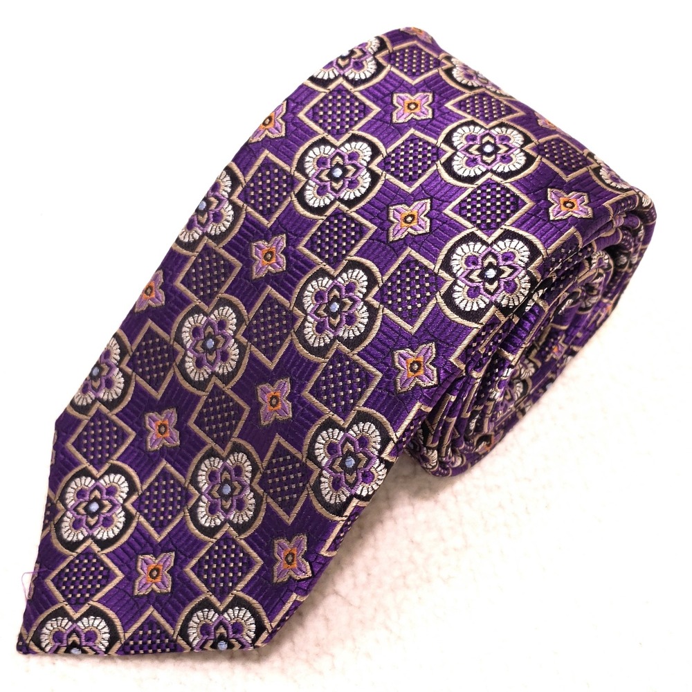 JZ Richards Necktie Purple Geometric Floral Silk USA Made 3" Wide 61" Long Tie